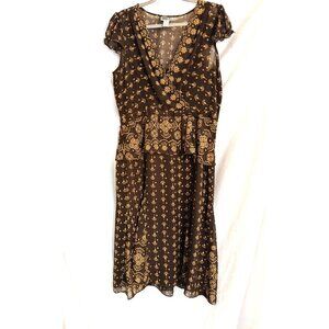Bobbie Bee Midi Length Summer Dress with V neck Brown and Gold, size 12